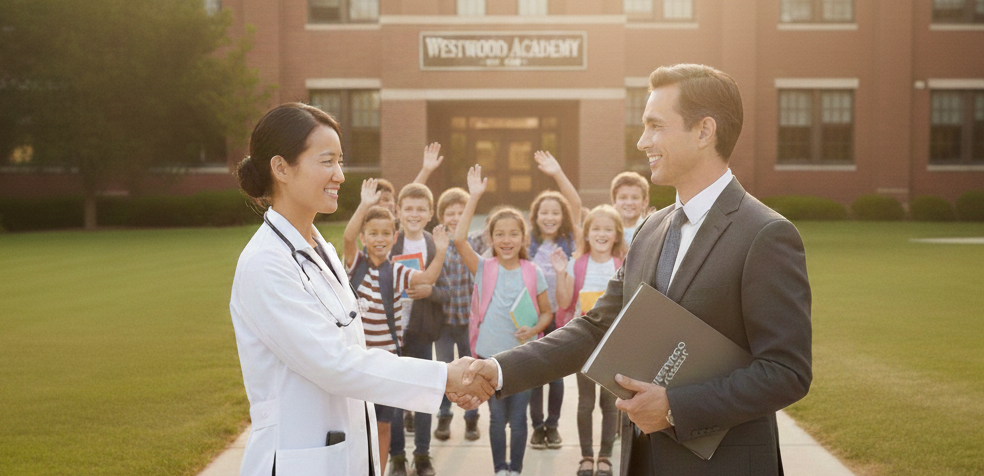 a doctor shaking hands with an school administrator.  Children are waving in front of a school in the background.